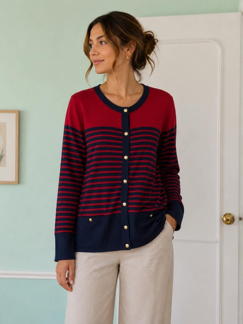New 💞Lands' End Red Knit Sweater with Navy Trim